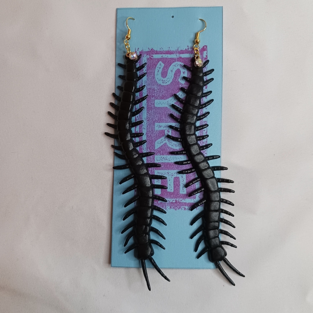 Black Plastic Centipede Earrings with Iridescent Rhinestone.